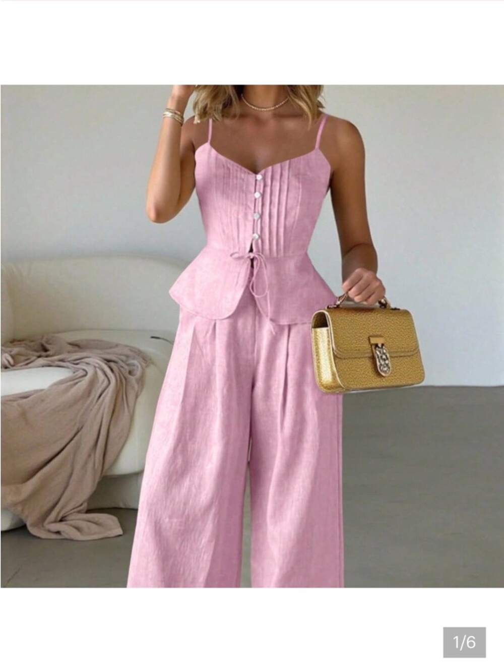 Pink Elegant Women's Casual Fitted Camisole And Wide Leg Pants